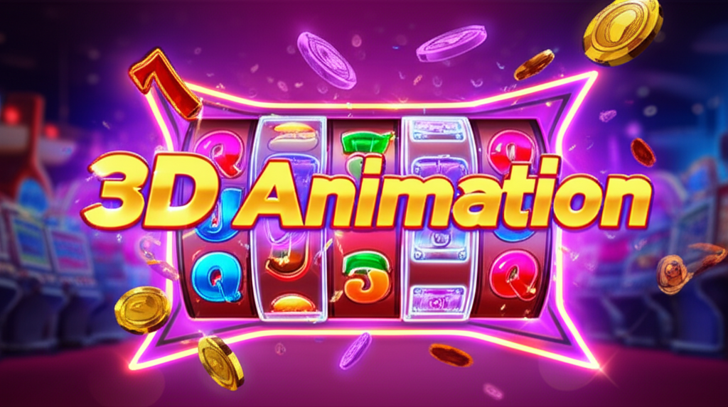 ภาพอนิเมชัน 3D ของเกมสล็อตที่มีสัญลักษณ์สีสันสดใสและเอฟเฟกต์พิเศษในฉากคาสิโนดิจิทัล