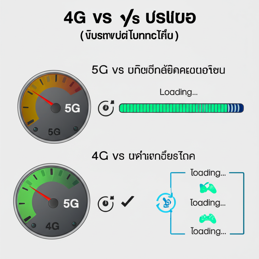 อินโฟกราฟิกเปรียบเทียบความเร็วและความหน่วงของเครือข่าย 4G และ 5G สำหรับการเล่นสล็อตออนไลน์