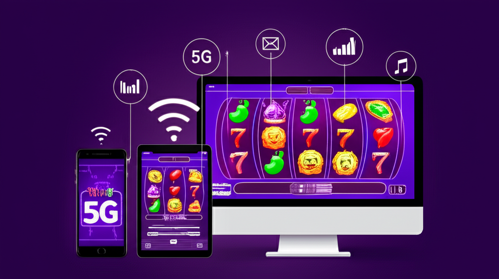 ภาพประกอบเทคโนโลยี 5G ที่ช่วยให้การเล่นสล็อตออนไลน์ข้ามแพลตฟอร์มในปี 2025 รวดเร็วและลื่นไหลบนมือถือ แท็บเล็ต และคอมพิวเตอร์