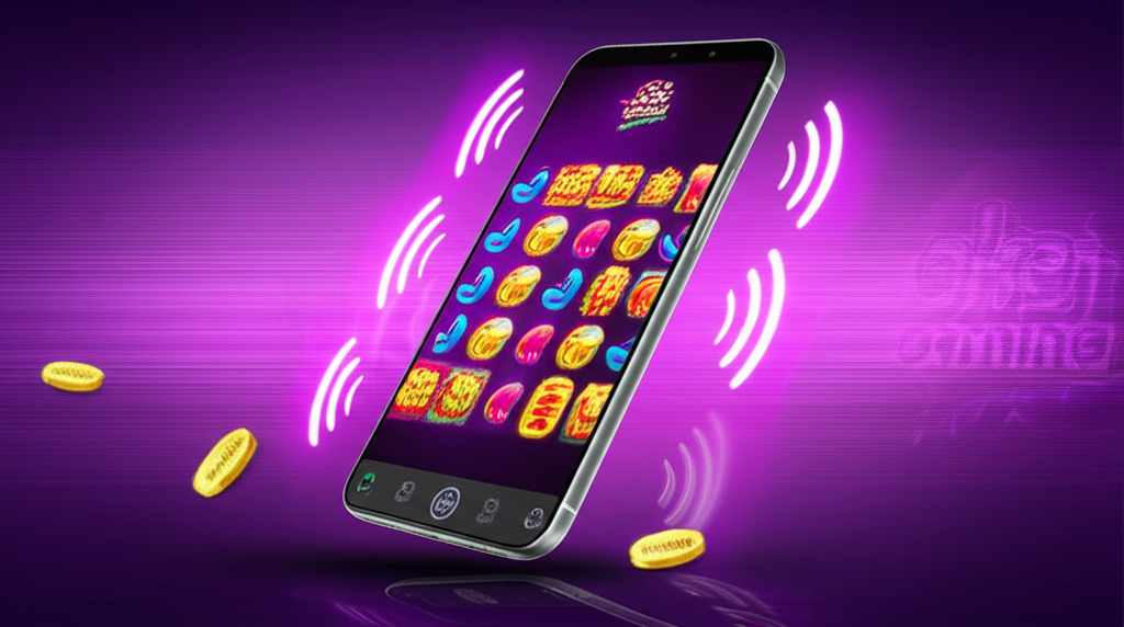 ภาพสมาร์ทโฟนเล่นเกมสล็อตออนไลน์ผ่านเครือข่าย 5G ที่รวดเร็ว พร้อมสัญลักษณ์โบนัสและโลโก้ Joker Gaming