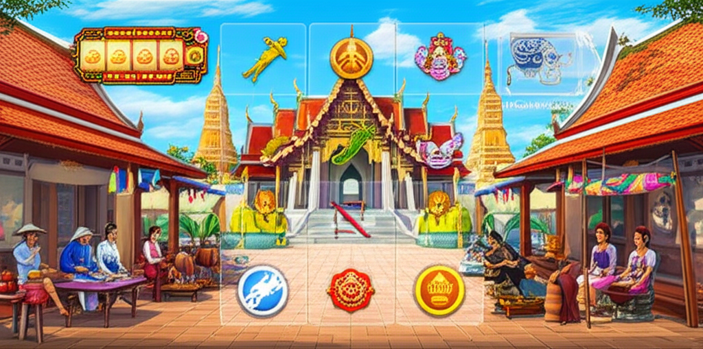 ภาพตลาดและสถาปัตยกรรมอยุธยาผสมผสานกับสัญลักษณ์เกมสล็อต