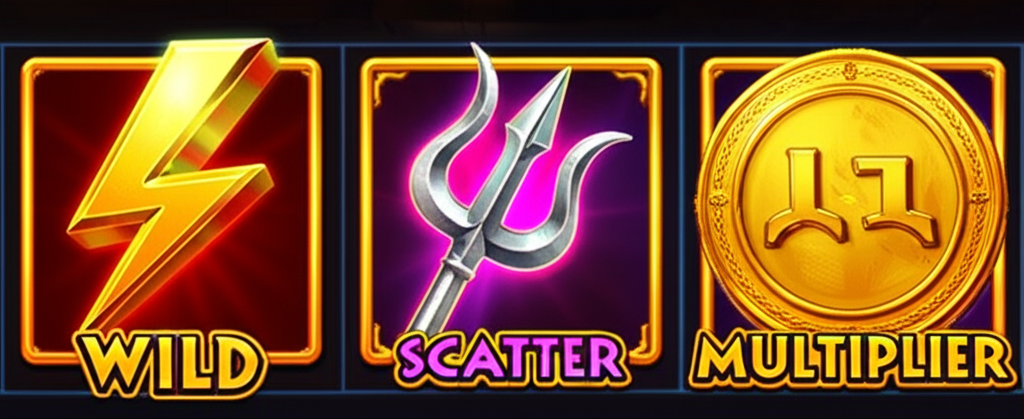 สัญลักษณ์พื้นฐาน Wild, Scatter และ Multiplier ในเกมสล็อตธีมเทพเจ้ากรีก