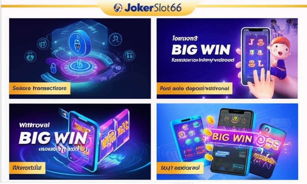ภาพแสดงข้อดีของการเล่นกับ JokerSlot66 เช่น ระบบฝาก-ถอนออโต้รวดเร็ว ความปลอดภัย และทีมงานมืออาชีพดูแลตลอด 24 ชั่วโมง