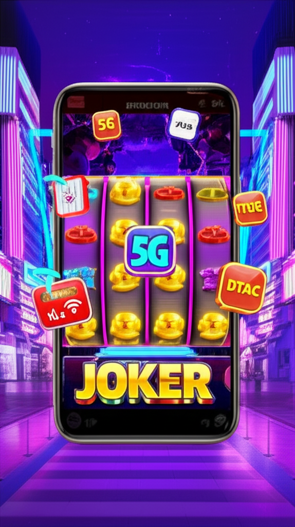 ภาพสมาร์ทโฟนแสดงเกมสล็อต Joker พร้อมสัญลักษณ์เน็ตมือถือ 5G AIS True DTAC เน้นความเร็วและความเสถียรสำหรับการเล่นสล็อตออนไลน์ในไทยปี 2025