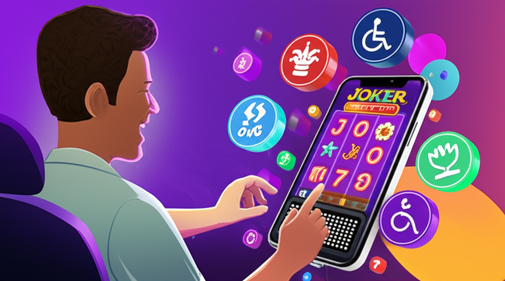 ผู้พิการทางสายตาใช้ Braille display เล่นเกมสล็อต Joker slot บนมือถือ แสดงถึงความเข้าถึงและความสนุกในเกมออนไลน์