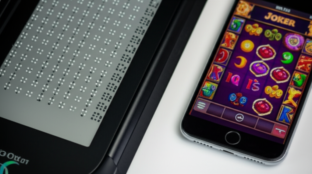 Braille display Orbit Reader 40 แสดงอักษรเบรลล์ข้างหน้าจอมือถือที่เล่นเกมสล็อต Joker slot