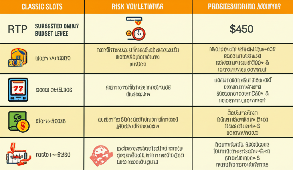 ตารางแนะนำการตั้งงบประมาณและระดับความเสี่ยงสำหรับสล็อตคลาสสิก สล็อตวิดีโอ และสล็อตโปรเกรสซีฟ พร้อมคำแนะนำการเล่นอย่างรับผิดชอบ