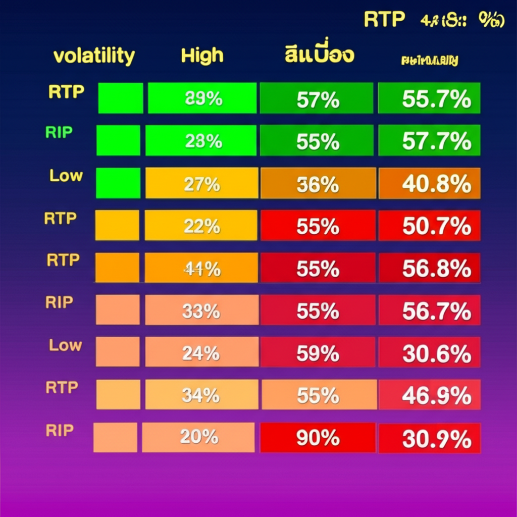 แผนภูมิเปรียบเทียบ RTP ความผันผวน และเพย์ไลน์ของเกมสล็อตต่างๆ ในรูปแบบอินโฟกราฟิกที่เข้าใจง่าย
