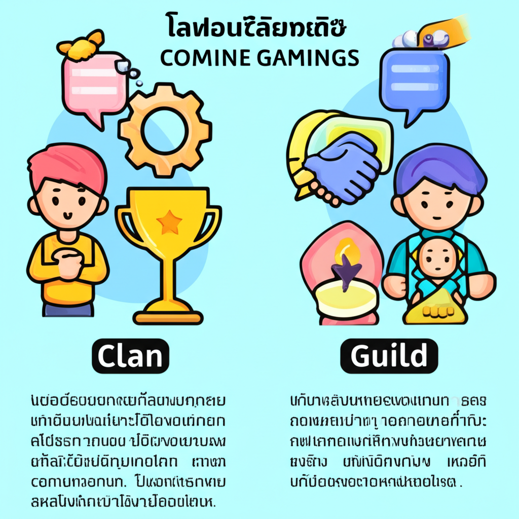 อินโฟกราฟิกแสดงความแตกต่างระหว่างระบบ Clan และ Guild ในเกมสล็อตออนไลน์ พร้อมไอคอนทีมและการแข่งขัน