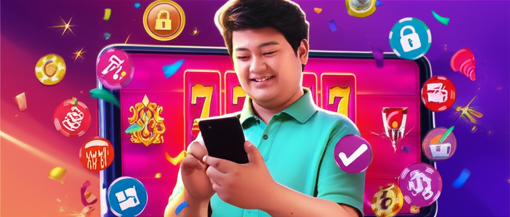 ภาพประกอบผู้เล่นเกมสล็อตออนไลน์ในประเทศไทยกำลังควบคุมการเดิมพันอย่างรับผิดชอบด้วยมือถือ พร้อมสัญลักษณ์ความปลอดภัย ความสนุก และความมั่นคง