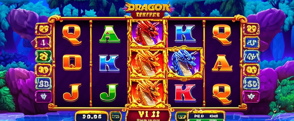 ภาพเกมสล็อตธีมมังกร 5 สีแสดงสัญลักษณ์โบนัสและตัวคูณโชคลาภ