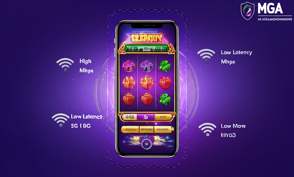 ภาพมือถือเล่นเกมสล็อตออนไลน์ผ่านเครือข่าย 5G ที่รวดเร็วและปลอดภัย พร้อมสัญลักษณ์รับรองมาตรฐานสากล