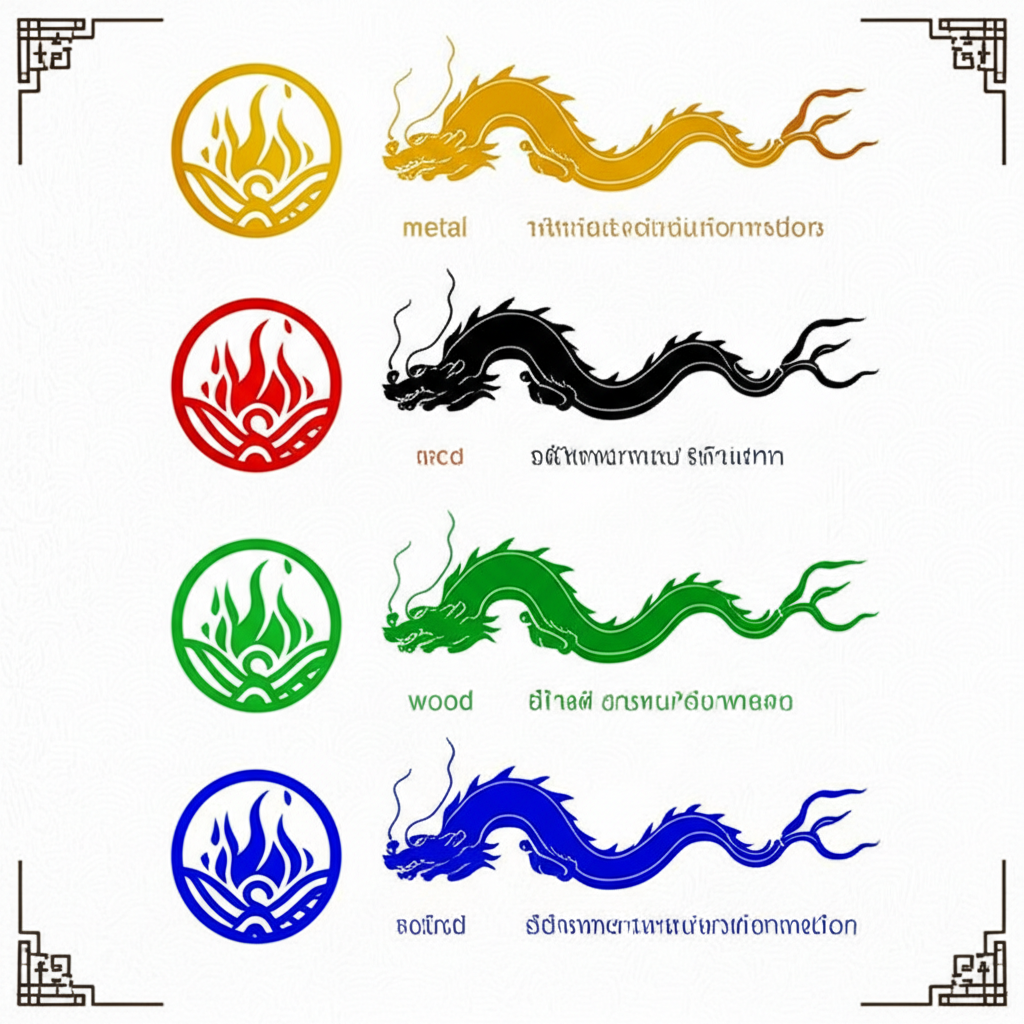 อินโฟกราฟิกมังกร 5 สีพร้อมสัญลักษณ์ธาตุและความหมายตามตำนานจีน
