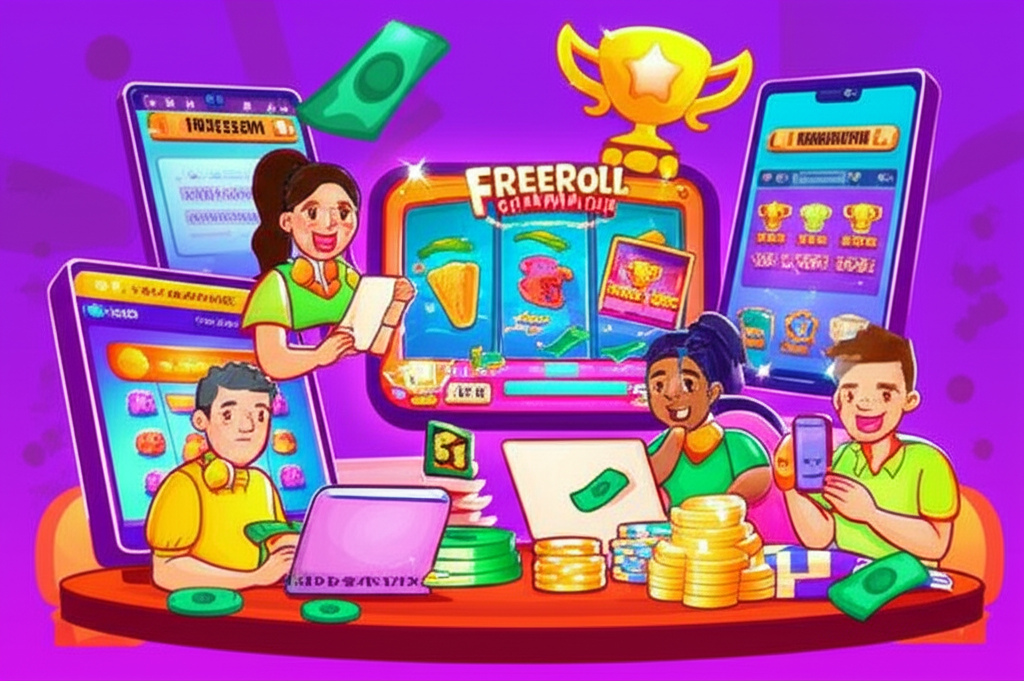 ภาพประกอบการแข่งขัน Freeroll Tournament ออนไลน์ในเกมสล็อต มีผู้เล่นชาวไทยหลากหลายกำลังเล่นผ่านมือถือและคอมพิวเตอร์ พร้อมแสดงรางวัลและกระดานอันดับแบบเรียลไทม์