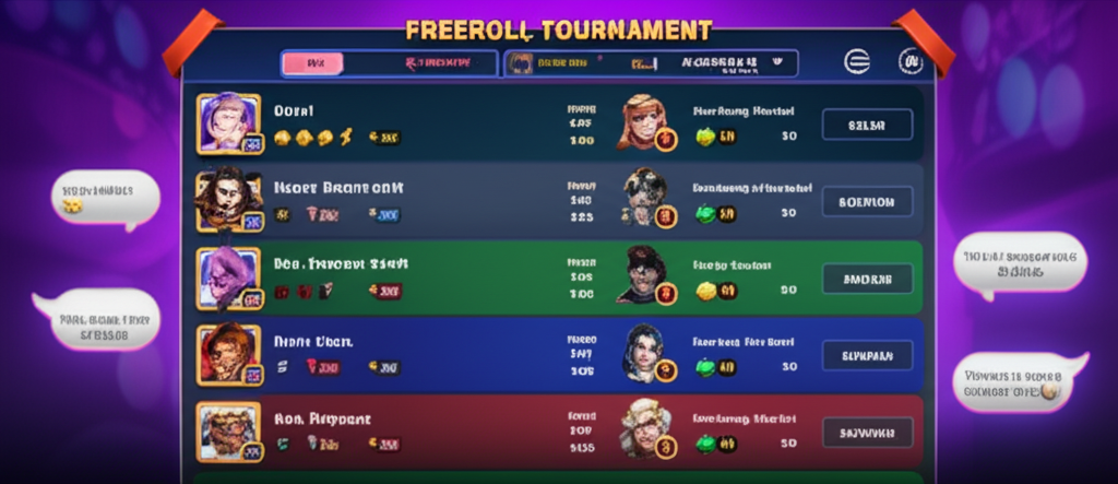 ภาพหน้าจอกระดานอันดับผู้เล่นแบบเรียลไทม์ใน Freeroll Tournament พร้อมแชทโต้ตอบระหว่างผู้เล่น