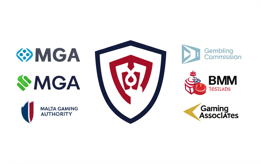 โลโก้หน่วยงานรับรองการพนันระดับสากล เช่น MGA, UK Gambling Commission, BMM Testlabs และ Gaming Associates