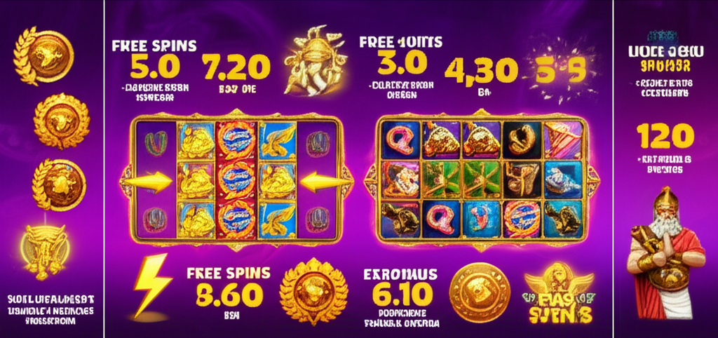 อินโฟกราฟิกแสดงฟีเจอร์เกมสล็อตเทพเจ้ากรีก เช่น ฟรีสปิน ตัวคูณ และระบบ Tumble ในเกม Gates of Olympus และ Age of the Gods