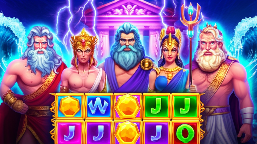 ภาพประกอบเทพเจ้ากรีก Zeus, Poseidon, Hades และ Athena พร้อมสัญลักษณ์เกมสล็อตในธีมเทพเจ้ากรีก
