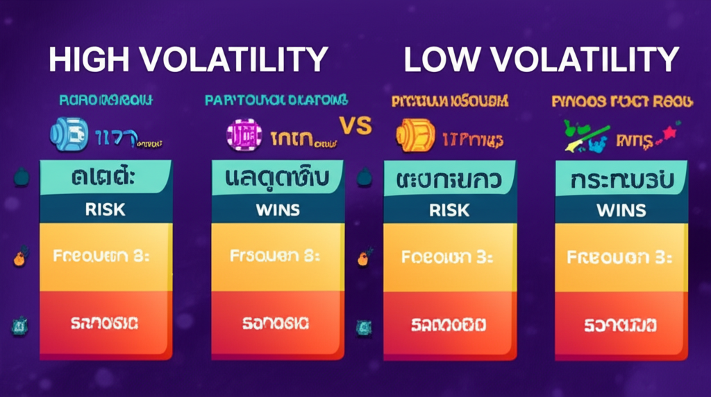อินโฟกราฟิกเปรียบเทียบเกมสล็อต High Volatility กับ Low Volatility แสดงความเสี่ยงและรางวัล