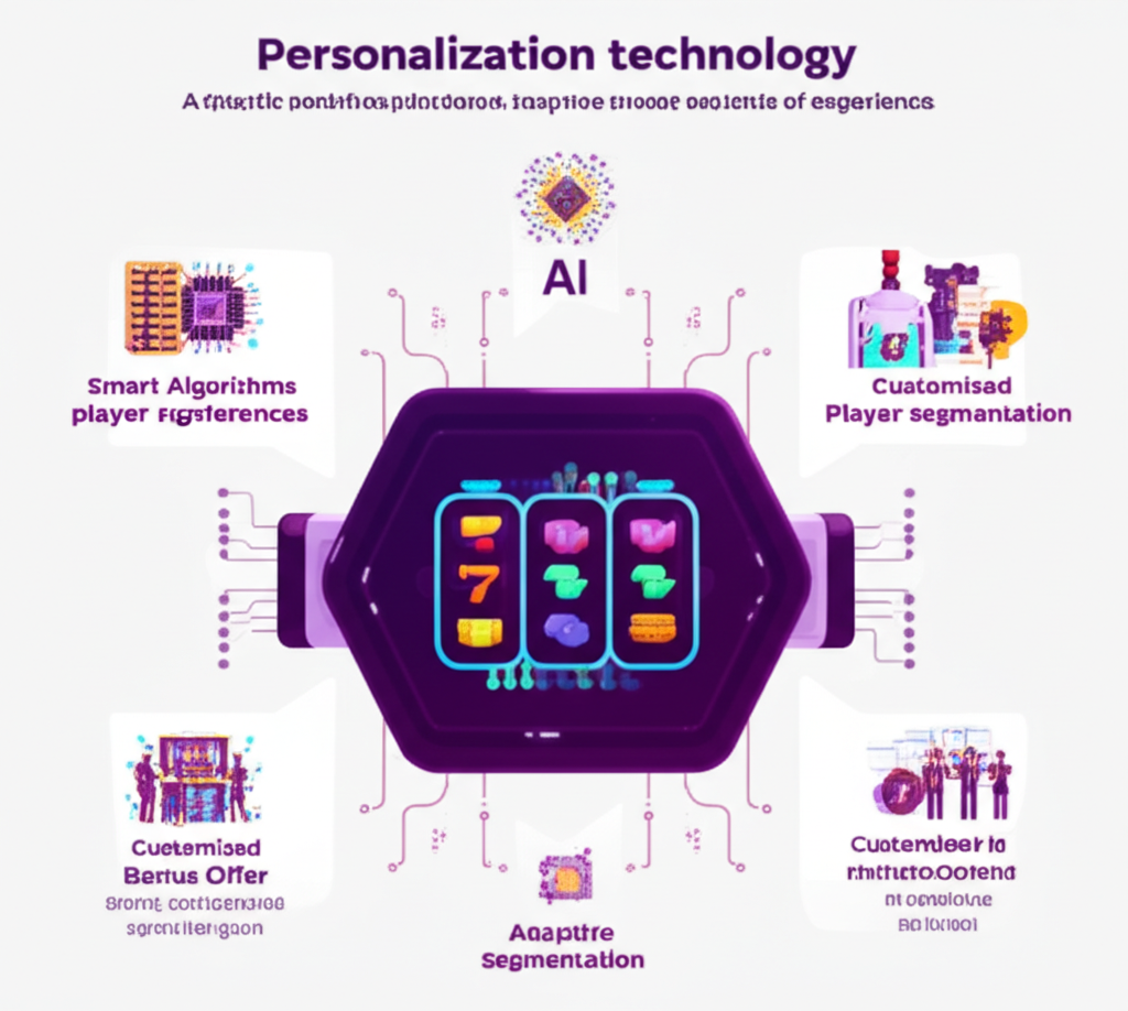 อินโฟกราฟิกแสดงเทคโนโลยี personalization ในเกมสล็อต พร้อม AI และระบบปรับระดับความยาก