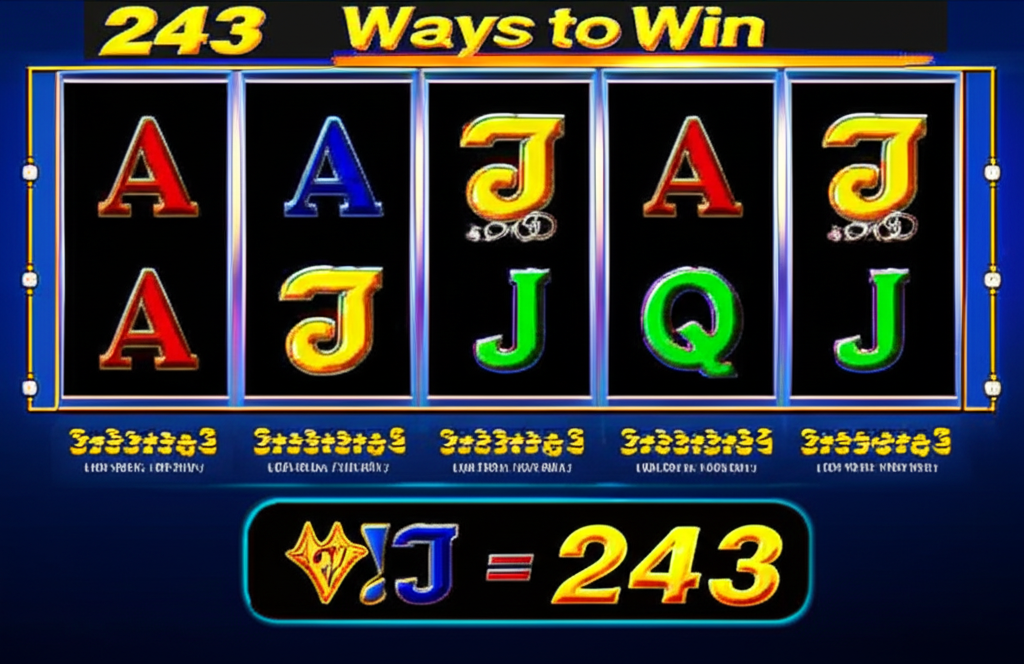 อินโฟกราฟิกอธิบายระบบ 243 Ways to Win ในเกมสล็อต แสดงการคำนวณวิธีชนะ 243 วิธี