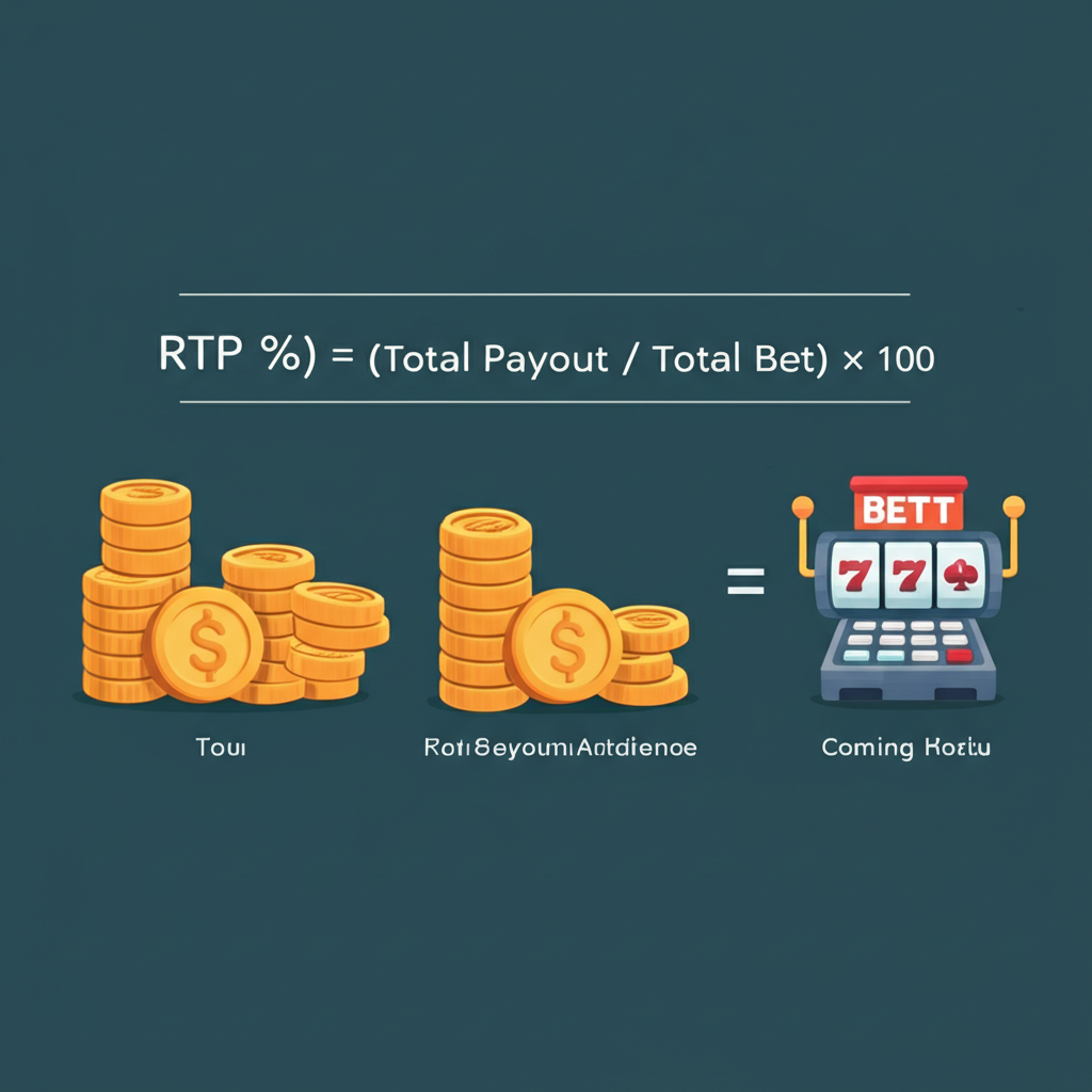 อินโฟกราฟิกแสดงสูตรคำนวณ RTP ในเกมสล็อต พร้อมไอคอนเหรียญและการเดิมพันที่เข้าใจง่าย