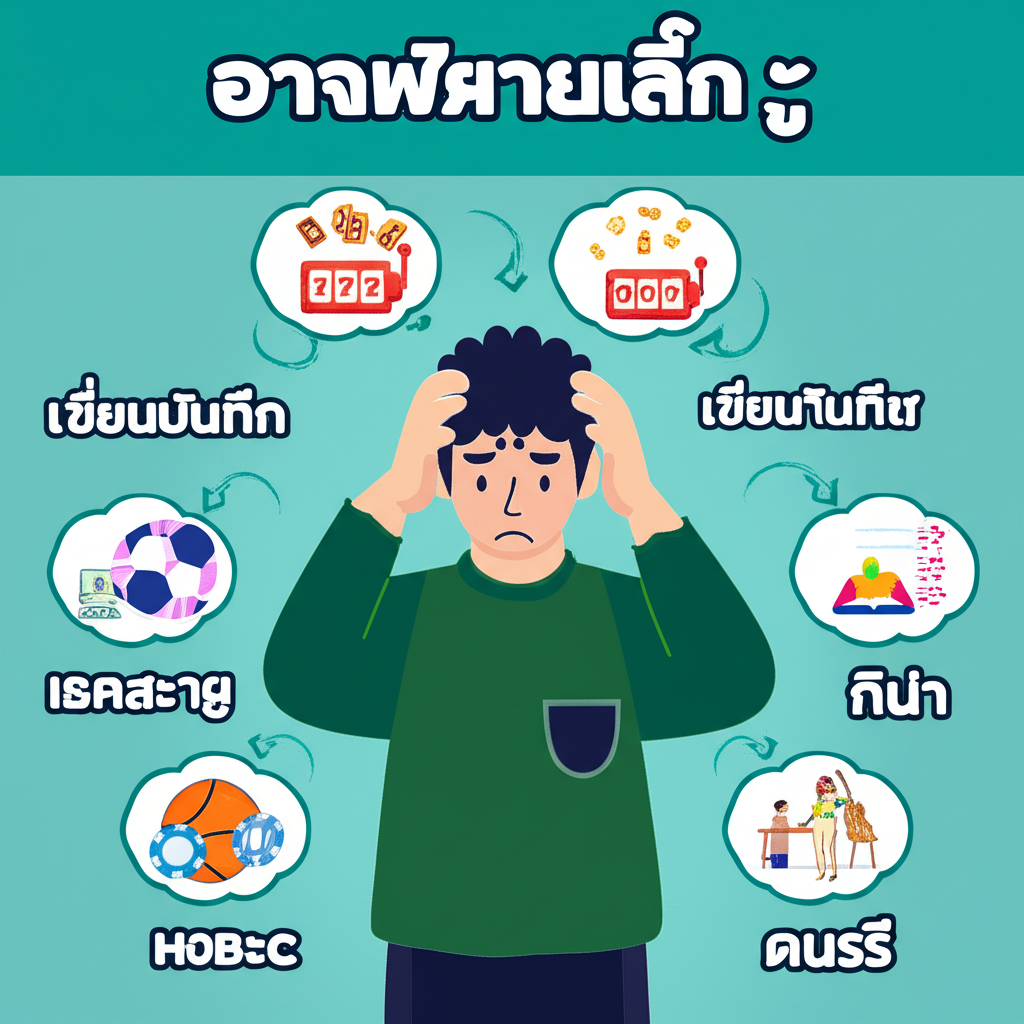อินโฟกราฟิกแสดงเทคนิคจัดการความอยากเล่นสล็อตเมื่อเครียด เช่น การหายใจลึก การจดบันทึก และกิจกรรมทดแทน