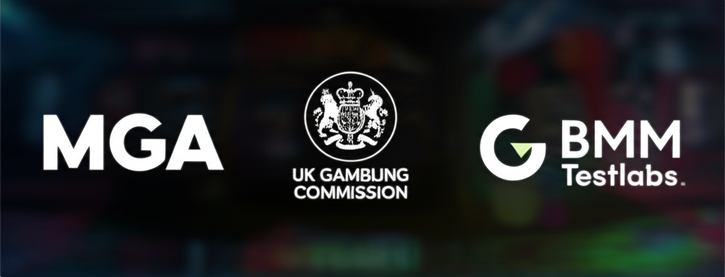 โลโก้ใบอนุญาตและมาตรฐานสากล MGA, UK Gambling Commission, BMM Testlabs, Gaming Associates เพื่อความน่าเชื่อถือของ JokerSlot66