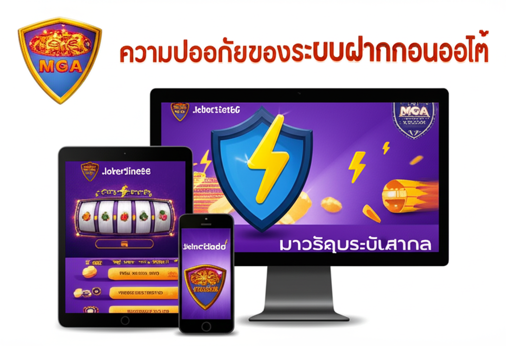 ภาพประกอบระบบฝากถอนออโต้ที่ปลอดภัยและรวดเร็วของ JokerSlot66 พร้อมสัญลักษณ์ใบอนุญาตระดับสากล
