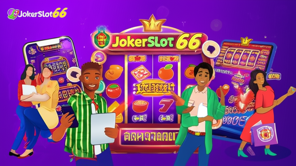 ภาพประกอบผู้เล่นต่างชาติหลากหลายเชื้อชาติใช้งาน JokerSlot66 บนมือถือ แท็บเล็ต และคอมพิวเตอร์ พร้อมสัญลักษณ์ความปลอดภัยและรองรับหลายภาษา