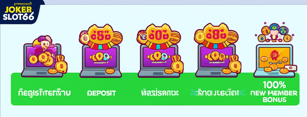 อินโฟกราฟิกขั้นตอนการสมัครสมาชิกและรับโบนัสสมาชิกใหม่ 100% ที่ JokerSlot66 อย่างง่ายและรวดเร็ว