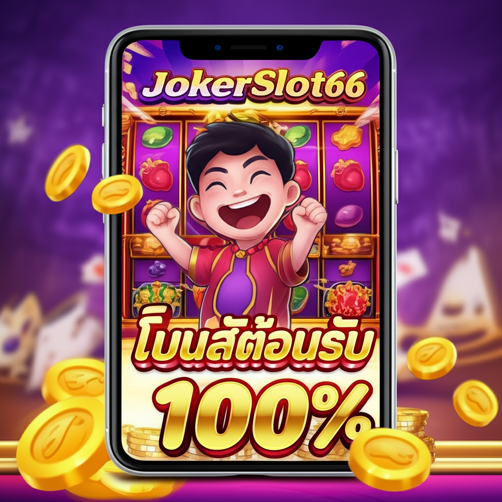 ภาพผู้เล่นชาวไทยยิ้มแย้มดีใจรับโบนัสต้อนรับ 100% ผ่านระบบฝากออโต้ JokerSlot66 บนมือถือ พร้อมกราฟิกเกมสล็อตสีสันสดใสและเหรียญทอง