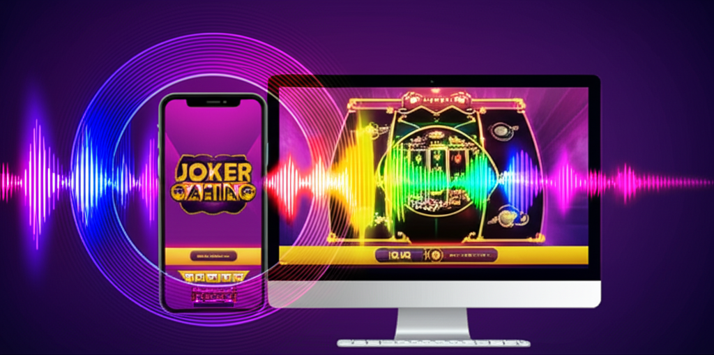 ภาพแสดงเกมสล็อต Joker Gaming บนอุปกรณ์มือถือและคอมพิวเตอร์ พร้อมเทคโนโลยีเสียง 3D และระบบฝาก-ถอนออโต้ที่รวดเร็วและปลอดภัย