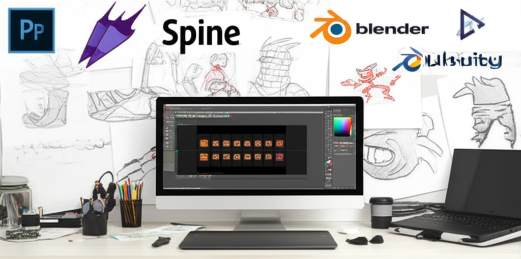 ภาพแสดงซอฟต์แวร์ยอดนิยมที่ใช้ในการสร้างแอนิเมชันเกมสล็อต เช่น Photoshop, Spine, Blender และ Unity