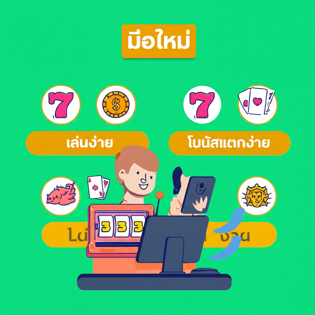 อินโฟกราฟิกแสดงลักษณะผู้เล่นมือใหม่เกมสล็อต Joker Gaming เล่นง่าย โบนัสแตกง่าย