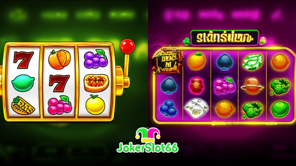 ภาพเปรียบเทียบเกมสล็อต Joker Gaming แนวคลาสสิกและสมัยใหม่บนแพลตฟอร์ม JokerSlot66 แสดงสัญลักษณ์สล็อตคลาสสิกและกราฟิกเกมสมัยใหม่พร้อมโลโก้ JokerSlot66