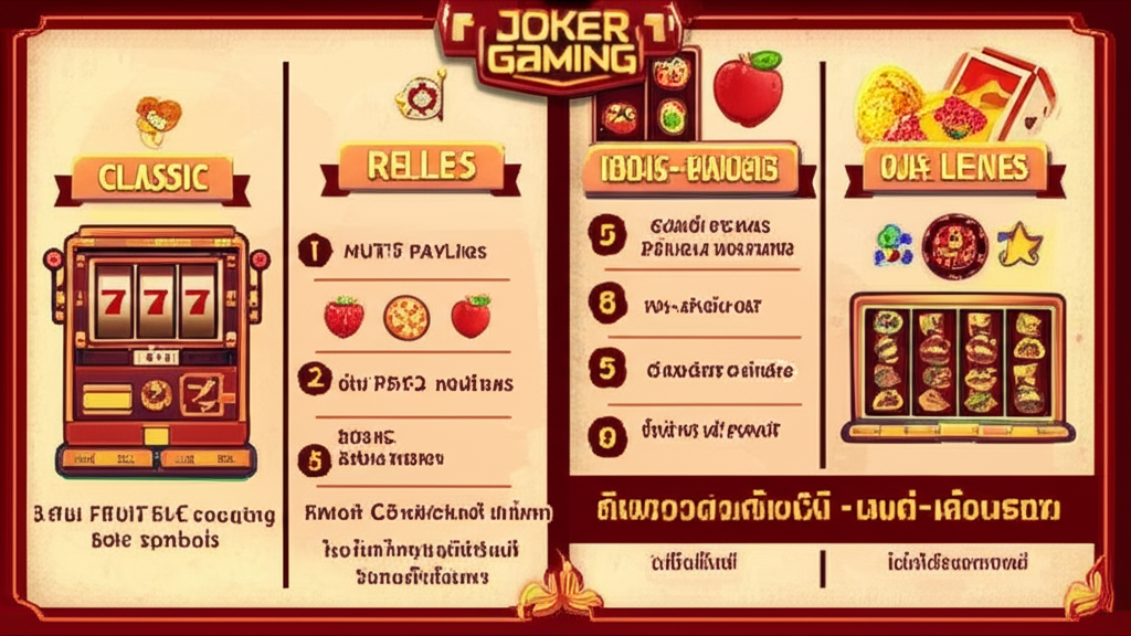 อินโฟกราฟิกเปรียบเทียบเกมสล็อตคลาสสิกและสมัยใหม่ของ Joker Gaming แสดงความแตกต่างของรีล, สัญลักษณ์, ฟีเจอร์โบนัส และเส้นจ่ายเงิน