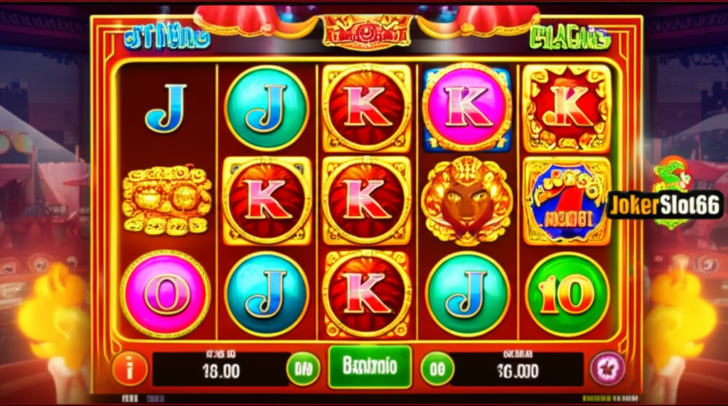 ภาพเกมสล็อต High Volatility จาก Joker Gaming แสดงสัญลักษณ์โบนัสและแจ็คพอต พร้อมบรรยากาศคาสิโนที่ทันสมัย