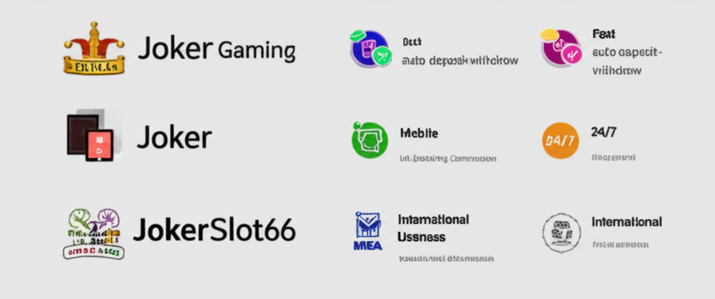 โลโก้ Joker Gaming และ JokerSlot66 พร้อมไอคอนฟีเจอร์เด่น เช่น ระบบฝาก-ถอนออโต้ ความปลอดภัย และใบอนุญาตระดับสากล
