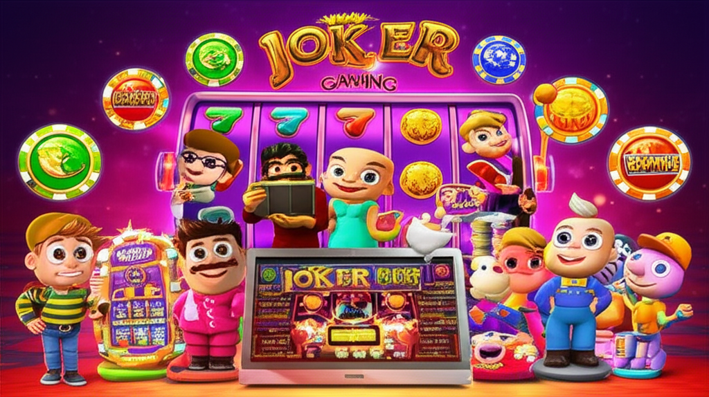 ภาพผู้เล่นเกมสล็อต Joker Gaming หลากหลายบุคลิกเล่นเกมบนมือถือและคอมพิวเตอร์ในบรรยากาศคาสิโนที่ทันสมัยและสนุกสนาน