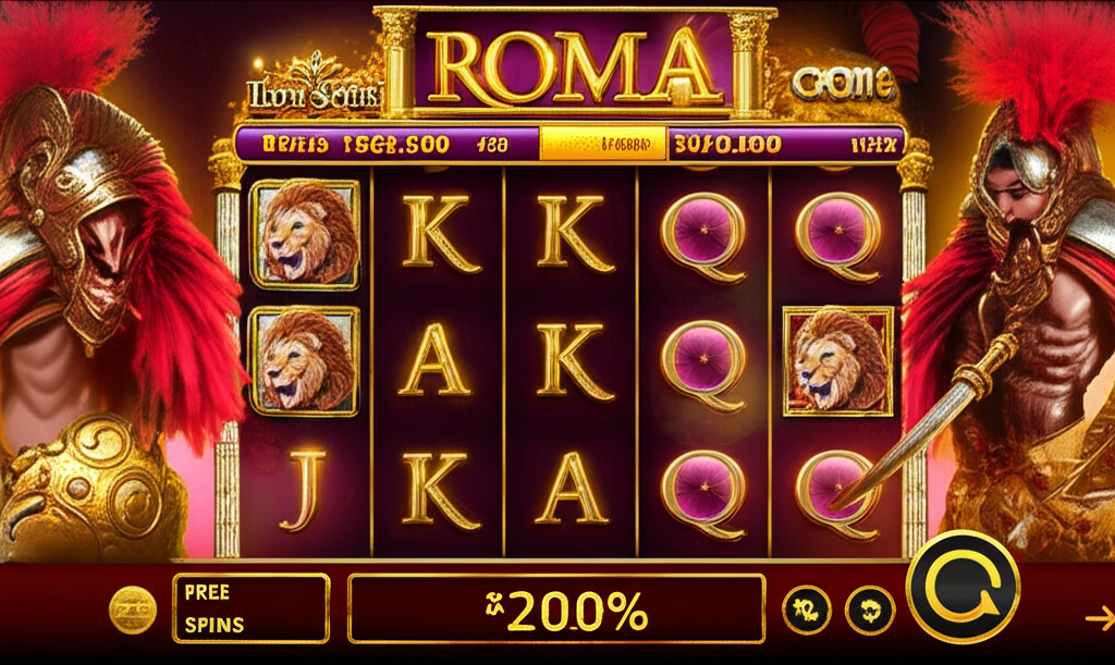 ภาพหน้าจอเกมสล็อต Roma จาก Joker Gaming แสดงฟีเจอร์โบนัสและฟรีสปิน