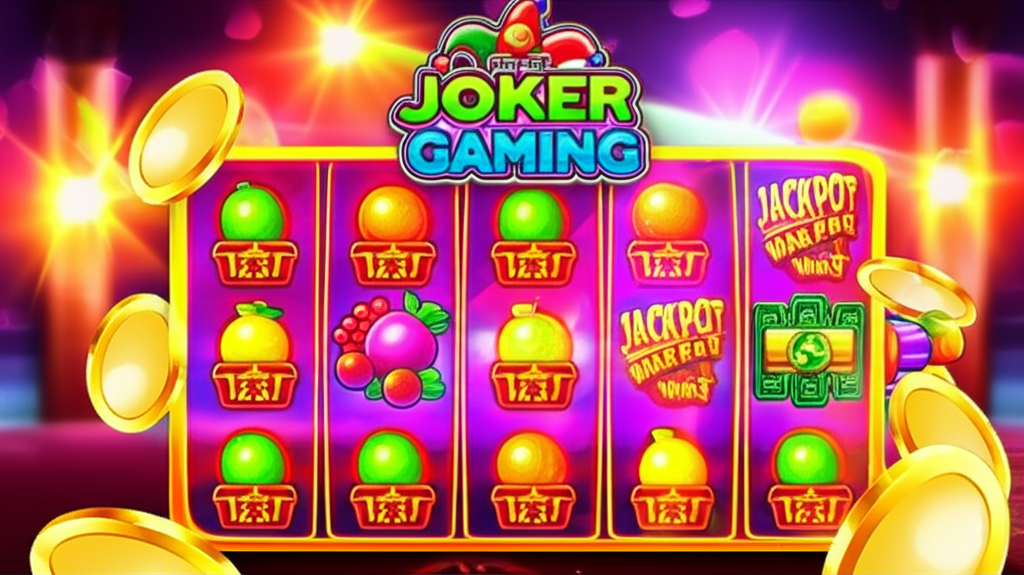ภาพเครื่องสล็อต Joker Gaming ที่มีสัญลักษณ์ผลไม้และเหรียญทอง แสดงถึงเกมสล็อตแตกง่ายและโบนัสแตกบ่อย