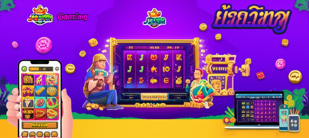 ภาพประกอบแสดงผู้เล่นเกมสล็อต Joker Gaming สไตล์มือใหม่และมืออาชีพ พร้อมสัญลักษณ์เกมและกราฟิกโบนัส