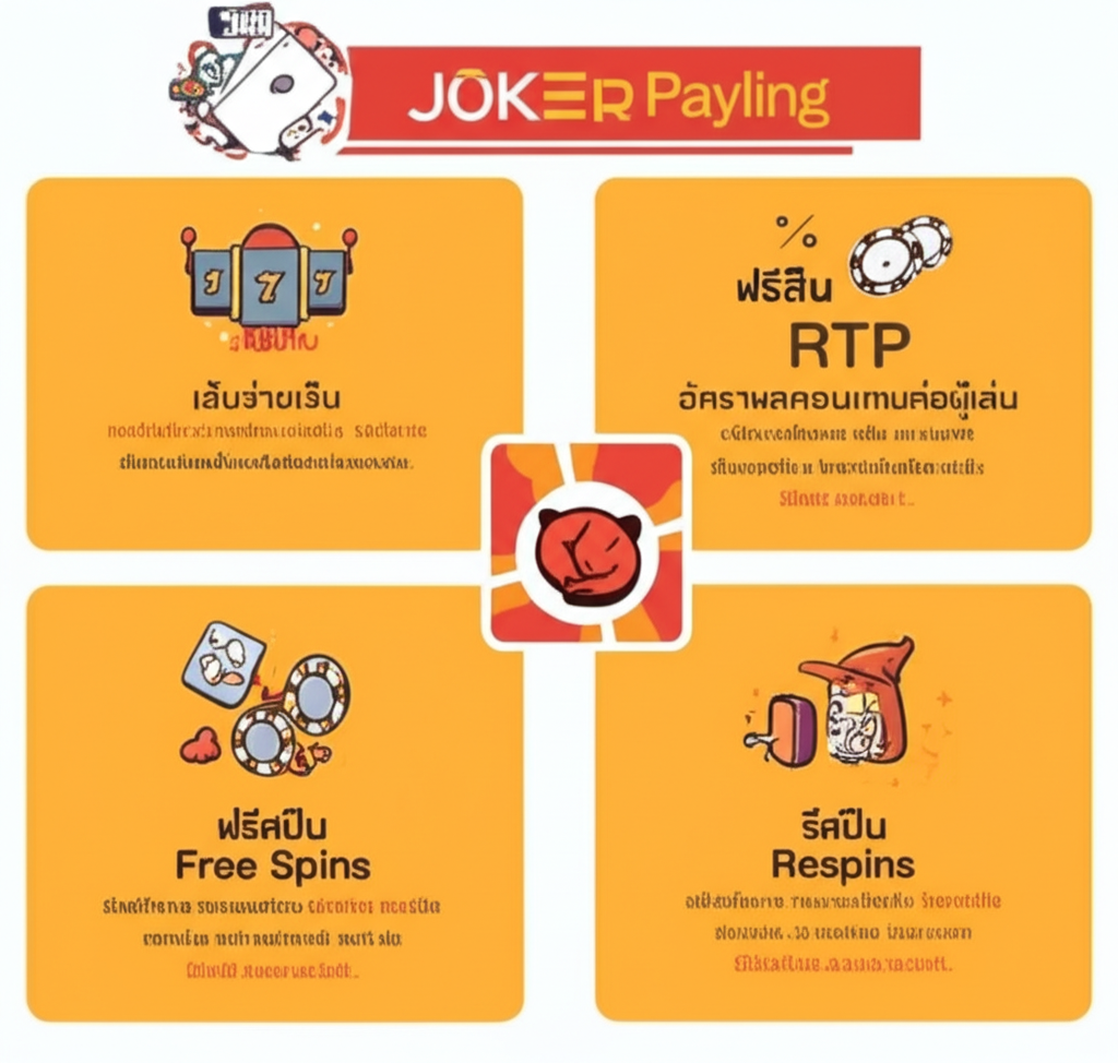 อินโฟกราฟิกคำศัพท์พื้นฐานเกมสล็อต เช่น เพย์ไลน์, RTP, ฟรีสปิน, ตัวคูณ และรีสปิน สำหรับผู้เล่น Joker Gaming