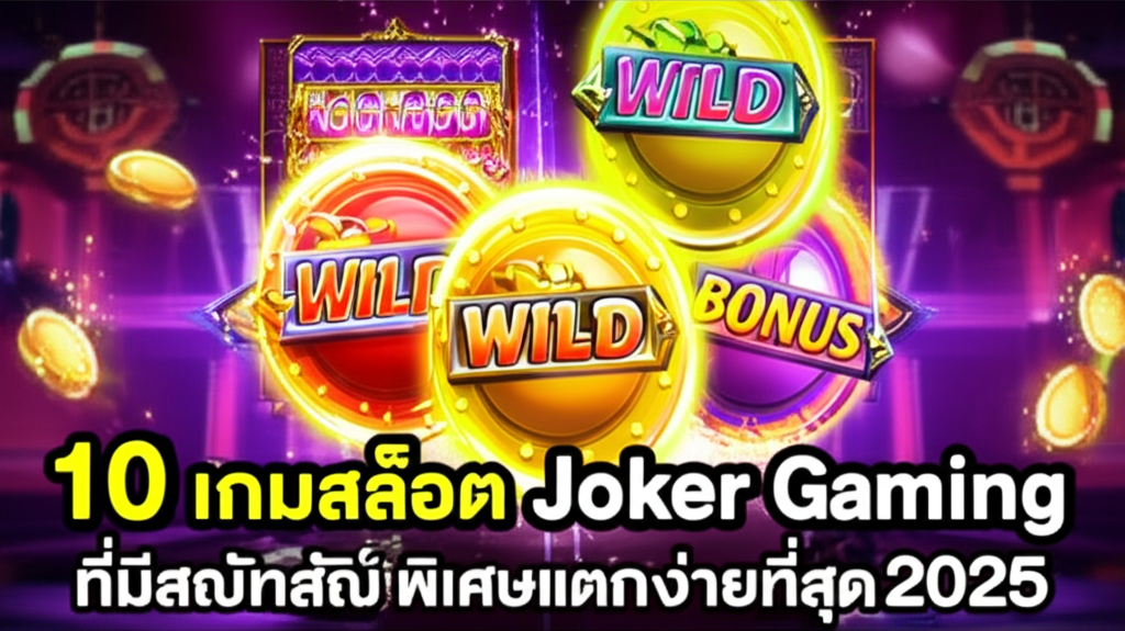 ภาพเครื่องสล็อต Joker Gaming พร้อมสัญลักษณ์พิเศษ Wild, Scatter และ Bonus ที่โดดเด่น แสดงถึงเกมสล็อตแตกง่ายและโบนัสแตกง่ายในปี 2025