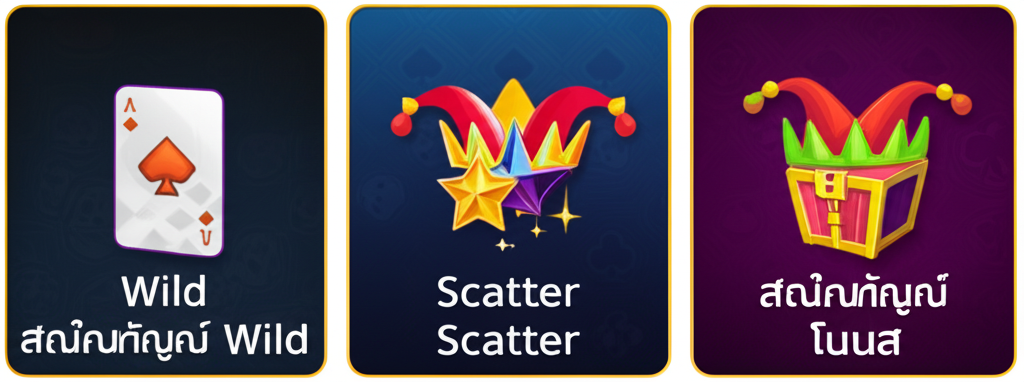 อินโฟกราฟิกแสดงสัญลักษณ์พิเศษ Wild, Scatter และ Bonus ในเกมสล็อต Joker Gaming พร้อมคำอธิบายสั้นๆ