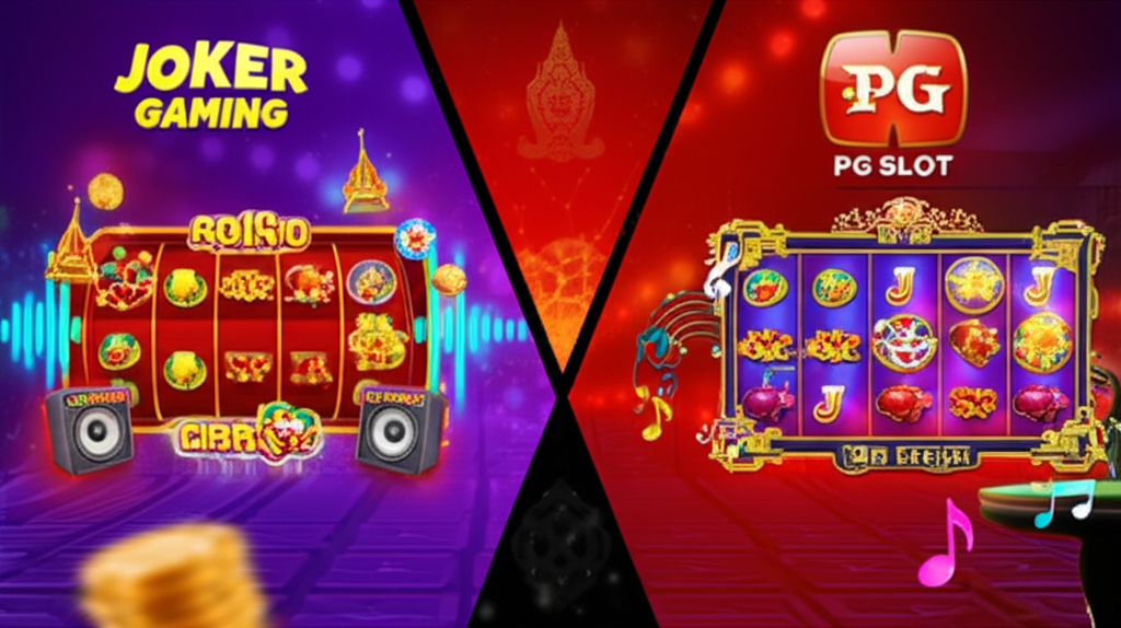 ภาพเปรียบเทียบเสียงเกมสล็อตระหว่าง Joker Gaming และ PG SLOT แสดงถึงประสบการณ์เสียงและเอฟเฟกต์ที่แตกต่างกันในเกมสล็อตออนไลน์