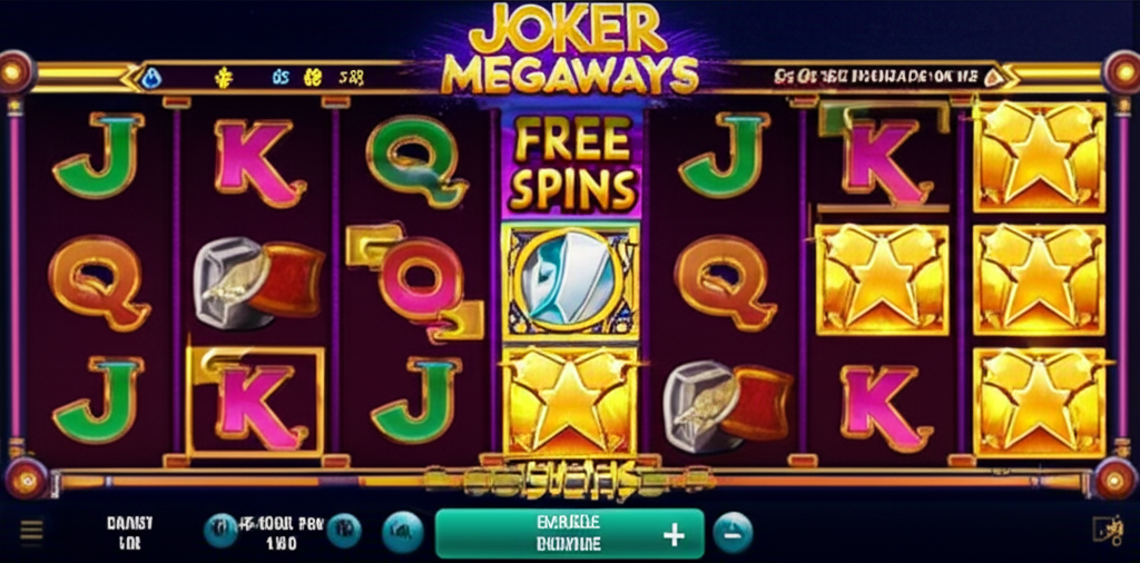 ภาพหน้าจอเกม Joker Megaways แสดงฟีเจอร์ Gamble, ฟรีสปิน และตัวคูณก้าวหน้า