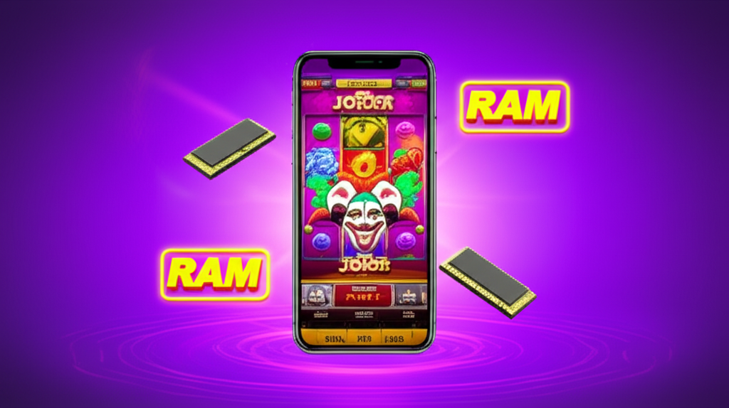 ภาพมือถือแสดงเกมสล็อต Joker พร้อมไอคอนหน่วยความจำ RAM และสัญลักษณ์การจัดการหน่วยความจำ เพื่อประสิทธิภาพการเล่นเกมที่ลื่นไหล