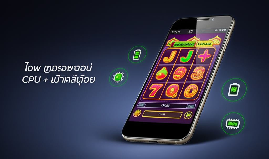 ภาพมือถือรุ่นเก่าที่เล่นเกมสล็อต Joker ได้ลื่นไหล ไม่กินทรัพยากร พร้อมไอคอนแสดงการประหยัดแบตและ CPU